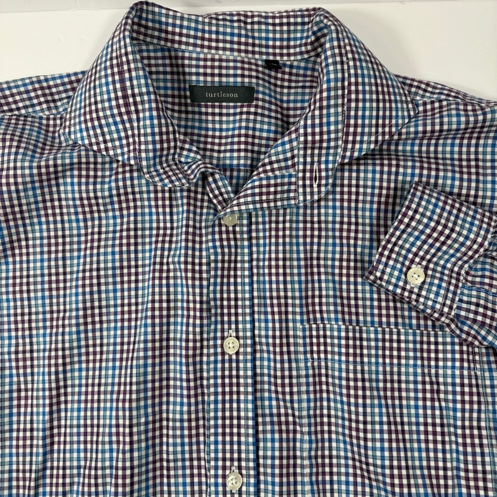 Turtleson Buttondown Blue Purple Plaid Mens Medium Checkered Long Sleeve